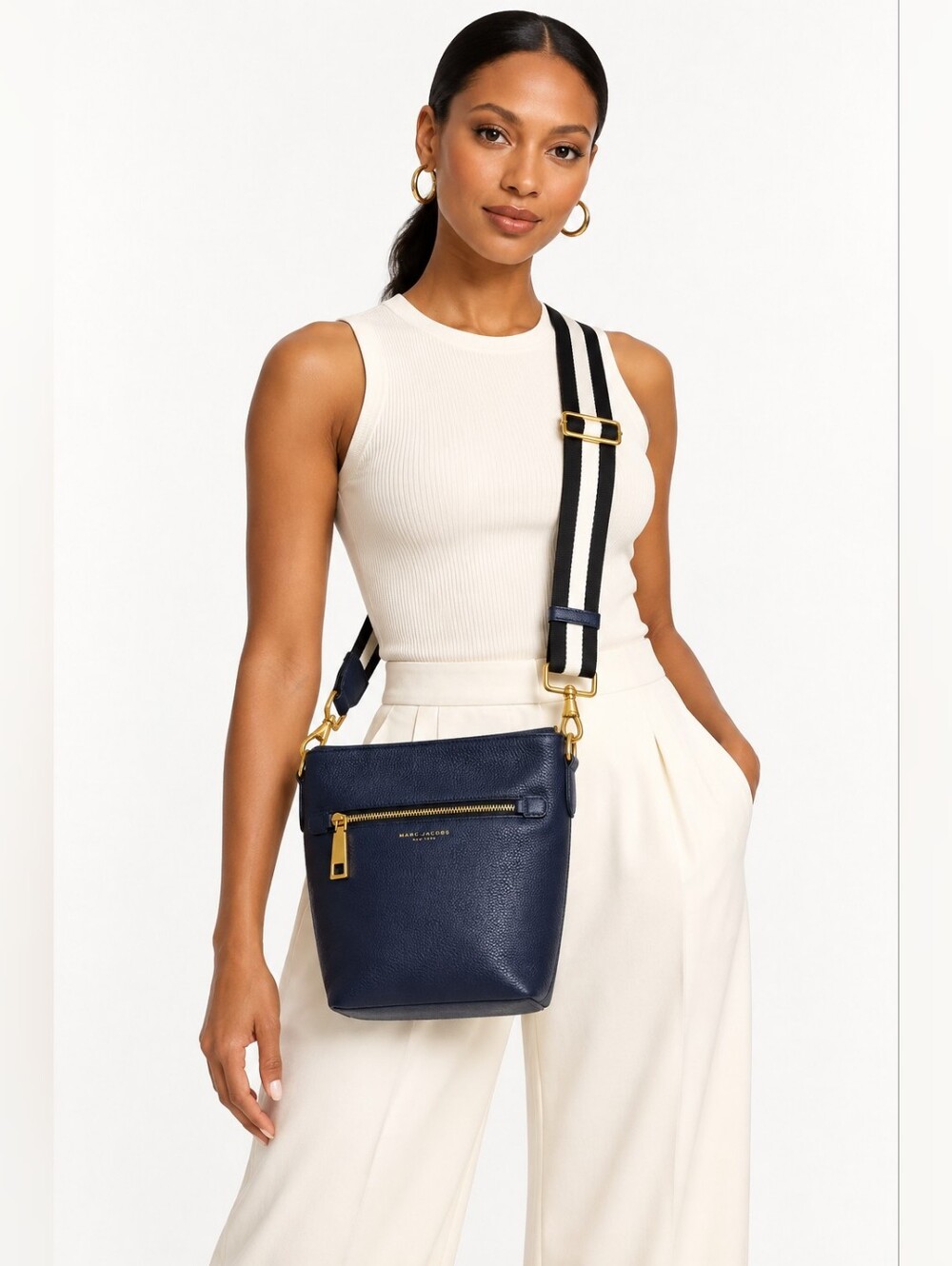 Marc Jacobs Gotham City Bucket Bag Navy Blue Leather Striped Strap Crossbody